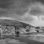 coast, beach, sea, landscape, waves, nature, darling, storm, cliff, clouds, monochrome, black and white