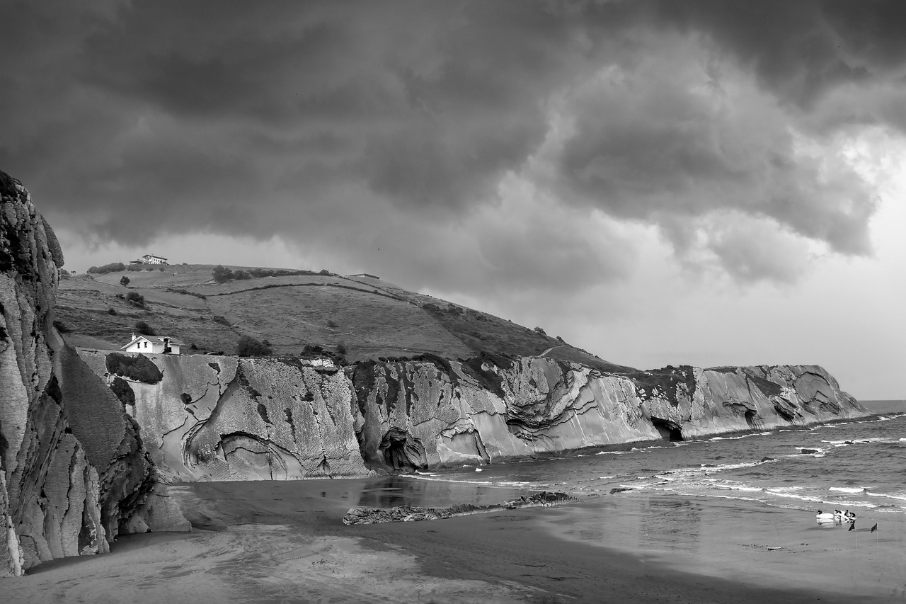 coast, beach, sea, landscape, waves, nature, darling, storm, cliff, clouds, monochrome, black and white